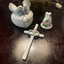 Vtg Wedding Anniversary Porcelain Lot Autom Cross Doves Heart Trinket Box Bell picture
