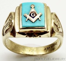 RARE Vintage SIGNED 1940's Masonic Natural Turquoise 10k Solid Gold Men's Ring picture