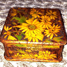 Antique 1900s SUNFLOWER Flemish Art Co Pyrography Carved Wooden Trinket Box picture