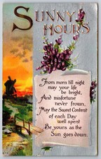 Sunny Hours~Sunset Windmill Bridge To Scroll Poem~Silver~c1910 Vintage Postcard picture