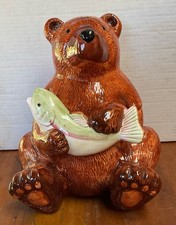Vintage Brown Bear Holding Trout Fish Ceramic Cookie Jar 10.5