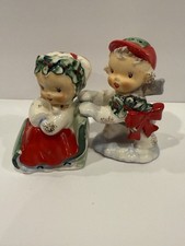 Vintage Lefton 1555 Salt And Pepper Shakers Boy Pushing Girl In Sleigh SP6 picture