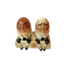 MCM Humpty Dumpty Before and After Salt Pepper Shakers w/ Holder Made in Japan picture