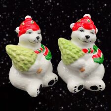 Ceramic Salt and Pepper Shaker Set 2 pcs Polar Bear Christmas Tree Taiwan 4”T picture