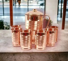 Pure Copper Water Jug Pitcher With Tumbler Glass Ayurveda Benefits Set Of 6 picture