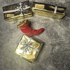 3 Vintage HARRODS DEPARTMENT STORE Foil Wrapped Christmas Present Ornaments picture