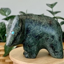 Vintage Native Carved Serpentine Bear Fetish Carving Turquoise Inlay Eye 3