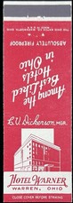 HOTEL Warner Warren Ohio Vintage Front Striker Matchbook Cover B-5346 picture