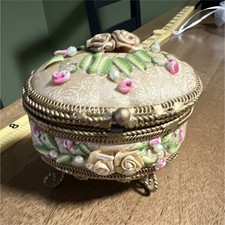 Vintage Mid Century Footed Ribbon-work Trinket Box Gold Brocade Brass Oval picture