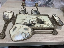 Antique Japanese Style Vanity Set- Tray Brushes Candlesticks and Mirror picture