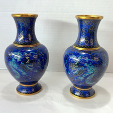 🐲Pair of Blue Cloisonne Dragon Vases Gold Tone Trim Floral Matching Set of 2 picture