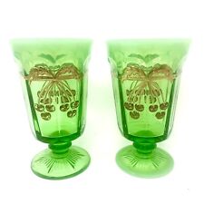 Mosser Cherry Cable Footed Panel Goblets Glass Green Opalescent HTF 2pc 5.75” picture
