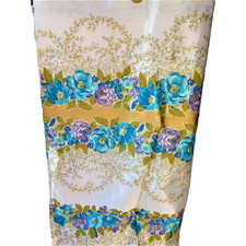 Vintage 70s Blue Purple Gold Shiny White Floral Garland Fabric Material Sewing picture