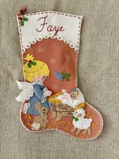 VTG Beaded Sequined Felt Christmas Stocking Angel W/ Cradle Scene Handmade picture