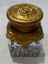 ANTIQUE SMALL ORMOLU AND GLASS HINGED INKWELL WITH CUPID ON TOP  PAT. DEC/28/97 picture