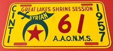 1957 Great Lakes Shrine Booster License Plate Syrian AAONMS 61 Cincinnati STEEL picture