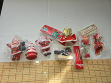 7~Vtg Kitschy Christmas Ornaments Santa Kneehugger Elf Monchhichi & More MCM picture