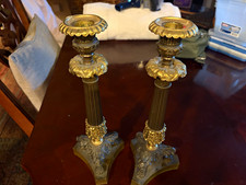 Antique French Empire Gilt Patinated Bronze Candlesticks Pair Charles X c.1820 picture
