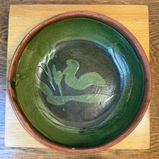 Vintage Patamban Michoacan Green Bowl Redware Pottery Mexico Folk Art picture