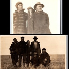 Lot of 2 RPPC Men Posing at United States Canada International Border Marker picture