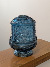 Indiana Glass Vintage 'Stars And Bars' Fairy Lamp Colonial Blue *NICE*  picture