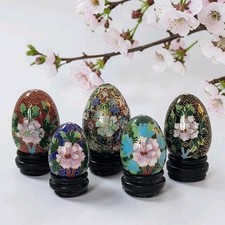Vintage Chinese Cloisonné Enamel Eggs W/Wooden Stands Floral Motif Set Of 5 EC  picture