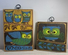 Vintage Pop Art 1970s Wood Big Eye Owl Family Wall Plaques Mid Century Folk Art picture