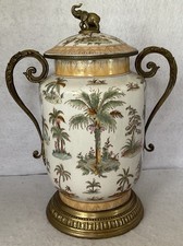 Ethan Allen Large Ginger Jar W/ Handles Asian Porcelain Palm Trees Elephant picture