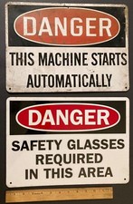 Two Vintage Aluminum DANGER SIGNS ~ 14” x 10” ~ Man Cave or Garage picture