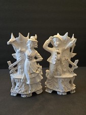 Antique Carl Schneider German Bisque Porcelain Figural Spill Vases Matched Pair picture
