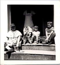 Children on Porch with Boy in Baseball Uniform, 1950s B&W Snapshot Photo picture