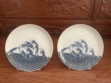 Pair Vintage 8.25” Blue & White Koi Fish Porcelain Plates  picture