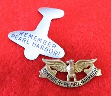 VINTAGE WWII US REMEMBER PEARL HARBOR AIRPLANE AND SPREAD EAGLE SWEETHEART PIN picture