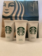 STARBUCKS CLASSIC WHITE REUSABLE PLASTIC 16oz HOT CUPS w/LIDS - SET OF 3 picture