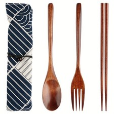 3pcs Japanese Wooden Cutlery Set Spoon Chopsticks Forks Pouch Holder Wood Sushi picture