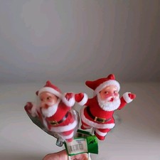 Lot of 2 Vintage Flocked Santa Floral Picks Ornaments Candy Cane Waving Craft picture