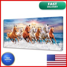 Aibonnly Canvas Wall Art Seven Horses Blue Sky Sunset 1 Piece Framed Ready to picture