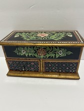 Vintage Hand Painted Wooden Floral Folk Art Jewelry Trinket Storage Box Chest picture