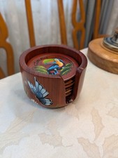 Vtg Set of 6 Costa Rica Wooden Coasters - Hand Painted - Wooden Tray Hand-Carved picture