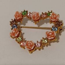 Vintage Pink Rose Multicolor Rhinestone Heart Brooch Pin picture