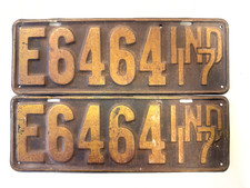 1917 Indiana license plate PAIR set E6464 plates tags Good original finish picture
