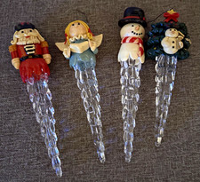Set of 4 Vintage Icicle Christmas Tree Ornaments Angel Soldier Tree Snowman picture