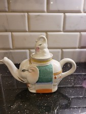 Vintage Chinese Porcelain Mother Elephant Tea Pot with Baby Lid & Hand Painted picture