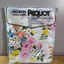 Vtg Pequot Twin Flat Sheet No-Iron Luxury Muslin Floral Pink Yellow Blue USA NEW picture