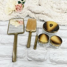 Vtg Floral Vanity Set 6pc Gold Tone Brass Matching Mirror Brush File & 3 Jars picture