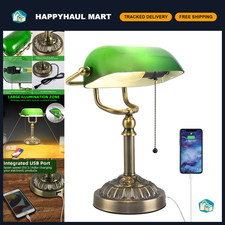 Vintage Bankers Desk Lamp with USB Charging, Green Glass & Antique Brass, Home O picture