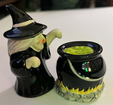 PT Witch & Cauldron Halloween Magnetic Ceramic Salt and Pepper Shakers Set picture
