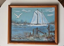 Vintage Original Amateur Sail Boat Coastal Painting On Canvas picture