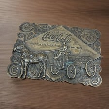 VTG 1976 Coke Coca Cola 75th Anniversary Horse & Sled BRASS Belt Buckle Retro picture