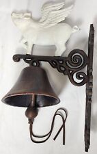 New Cast Iron Wall Mount  Home Decor Dinner Bell Flying White Pig w/Bell Striker picture